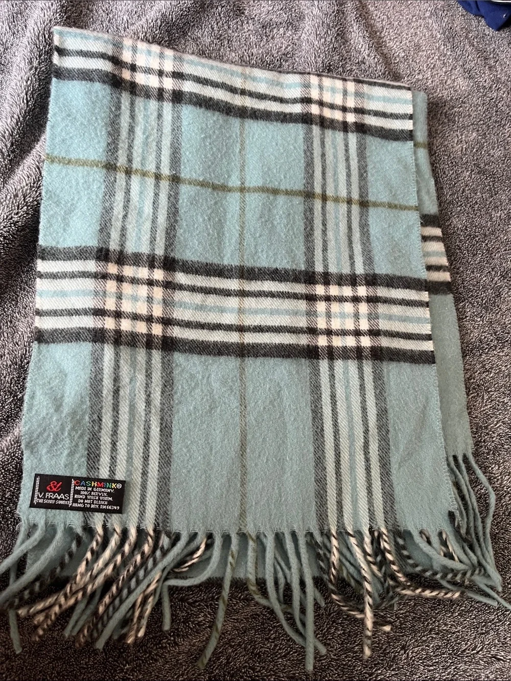 V. FRAAS Mint and Gray Striped Cashmink Scarf with Twisted Fringe